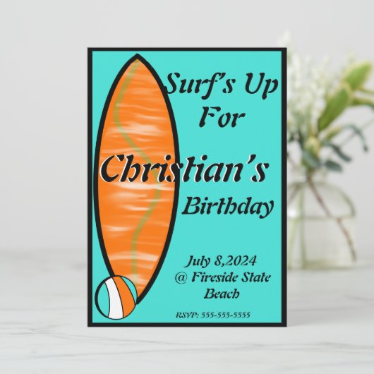 Surfin’ verjaardagsuitnodiging kaart (Staand voorkant)