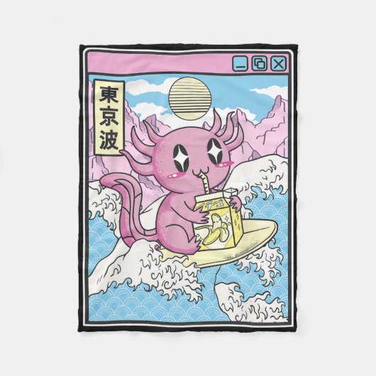 Surfing Axolotl Drinking Nana Milk Kawaii Anime Va Fleece Deken (Voorkant)