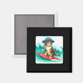 Surfing Cat With Pirate Hat On Surfboard. Waves Pl Magneet (Voorkant / Achterkant)