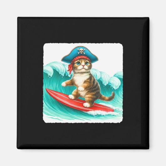 Surfing Cat With Pirate Hat On Surfboard. Waves Pl Magneet (Voorkant)