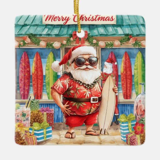 Surfing Christmas with Santa Claus surfer  Ceramic Keramisch Ornament (Voorkant)