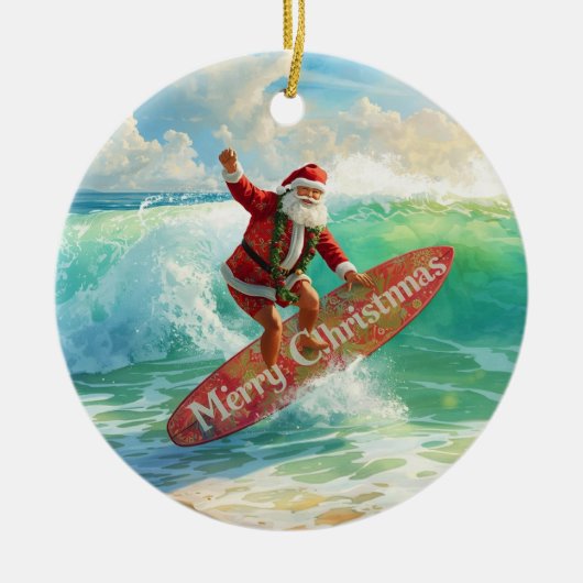 Surfing Christmas with Santa Claus surfer  Keramisch Ornament (Voorkant)