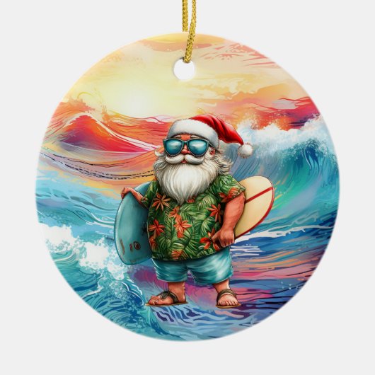 Surfing Christmas with Santa Claus surfer  Keramisch Ornament (Voorkant)
