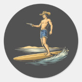 Surfing Cowboy Ronde Sticker (Voorkant)