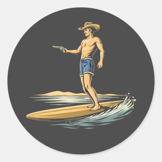 Surfing Cowboy Ronde Sticker (Voorkant)