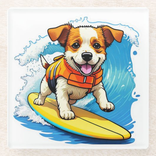 Surfing Dog Glazen Onderzetter (Voorkant)