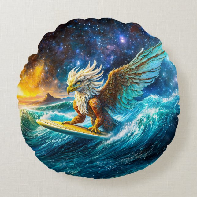 Surfing Eagle Design beroemd gemaakt door Rich AMe Rond Kussen (Voorkant)