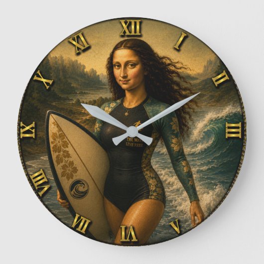 Surfing Funny Mona Lisa for Beach & Ocean Lovers Grote Klok (Voorkant)