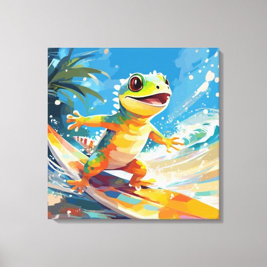 Surfing Gecko die de golven berijdt Canvas Afdruk (Voorkant)