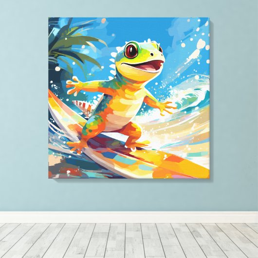 Surfing Gecko die de golven berijdt  Canvas Afdruk (Insitu (Houten vloer))