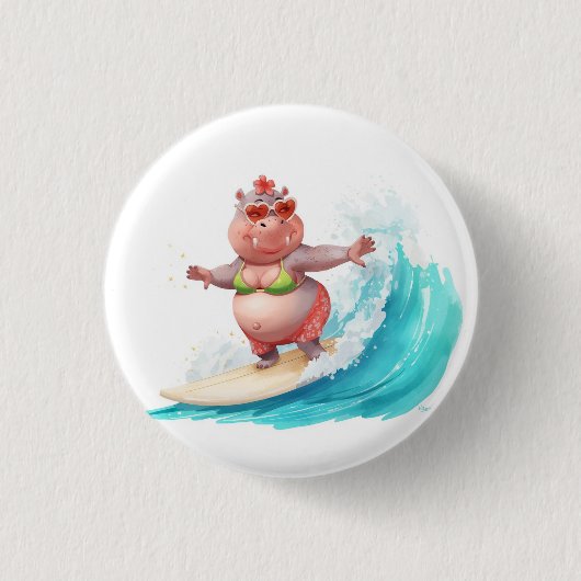 Surfing Hippo Christmas Bikini on big wave Ronde Button 3,2 Cm (Voorkant)