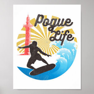Surfing Leven Pogue Beach Busje Licht Huizen Retro Poster
