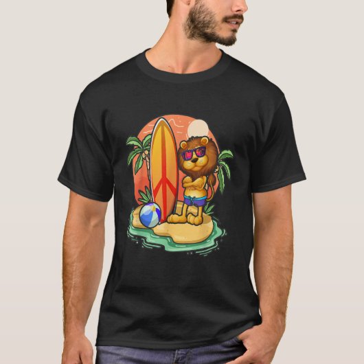 Surfing Lion Beach Vacation Animal Graphic T-shirt (Voorkant)