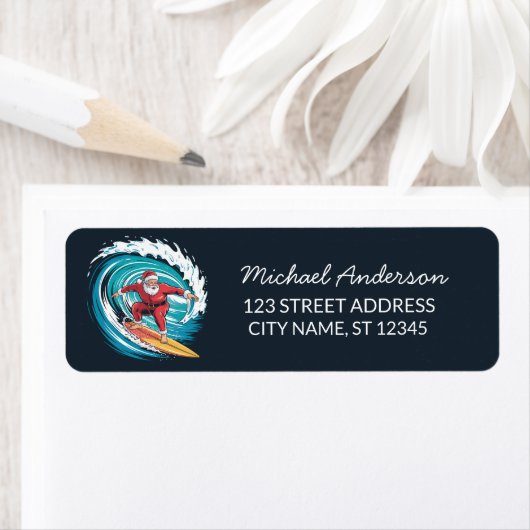 Surfing Santa Funny Christmas Return Address    Etiket (Insitu)