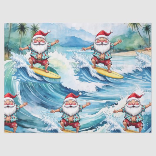 Surfing Santa is on big wave in Hawaii Tissuepapier (Voorkant)
