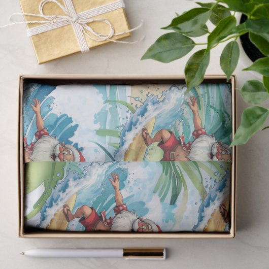 Surfing Santa is on big wave in Hawaii  Tissuepapier (Geschenk)