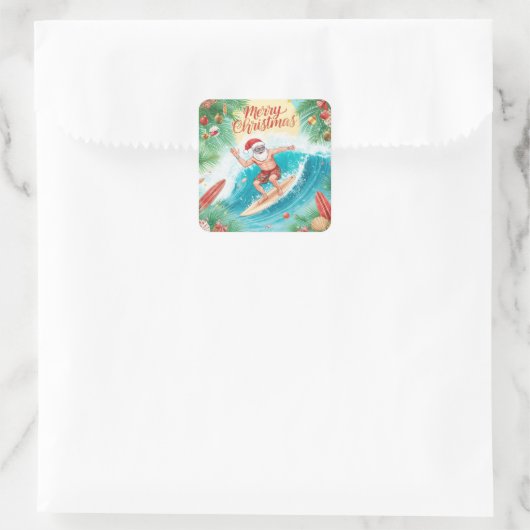 Surfing Santa Merry Christmas Coastal Holiday  Vierkante Sticker (Tas)