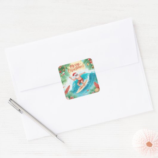 Surfing Santa Merry Christmas Coastal Holiday  Vierkante Sticker (Envelop)
