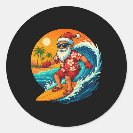 Surfing Santa Tropical Christmas Holiday Hawaiian  Ronde Sticker (Voorkant)