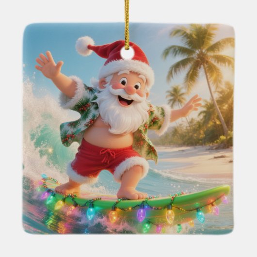 Surfing Santa Tropical Christmas Keramisch Ornament (Achterkant)