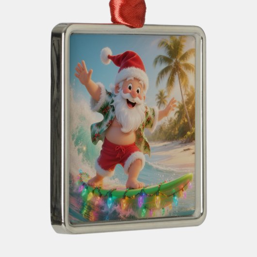 Surfing Santa Tropical Christmas Metalen Ornament (Rechts)