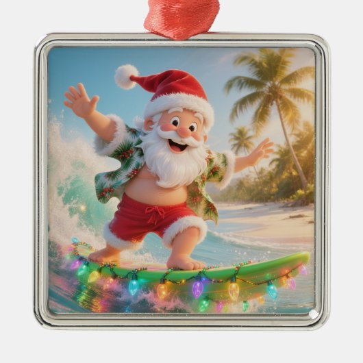 Surfing Santa Tropical Christmas Metalen Ornament (Voorkant)