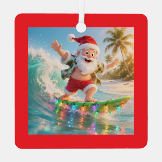 Surfing Santa Tropical Christmas Metalen Ornament (Achterkant)