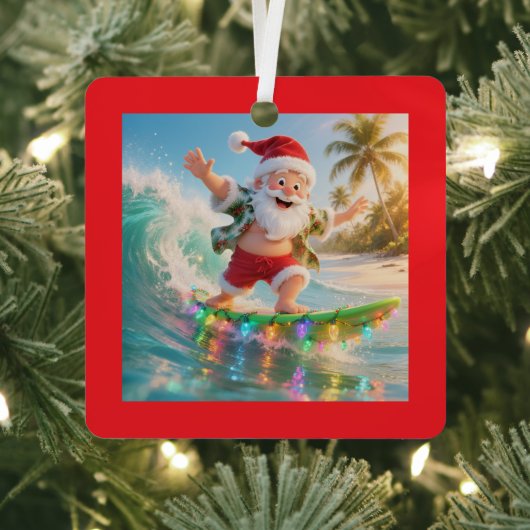 Surfing Santa Tropical Christmas Metalen Ornament (Insitu)