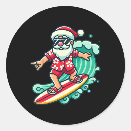Surfing Santa Tropical Christmas Vacation Xmas In Ronde Sticker (Voorkant)