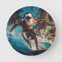 Surfing Santa Wall Clock - Fun Tropical Christmas Ronde Klok