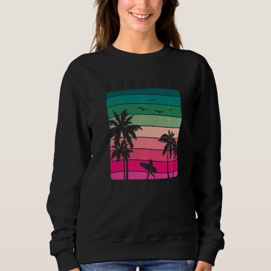 Surfing Waikiki Beach Hawaiian Sunset Palm Tree Su Trui (Voorkant)