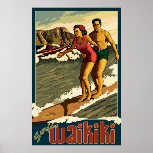 Surfing Waikiki - Honolulu, Hawaii Travel Poster (Voorkant)