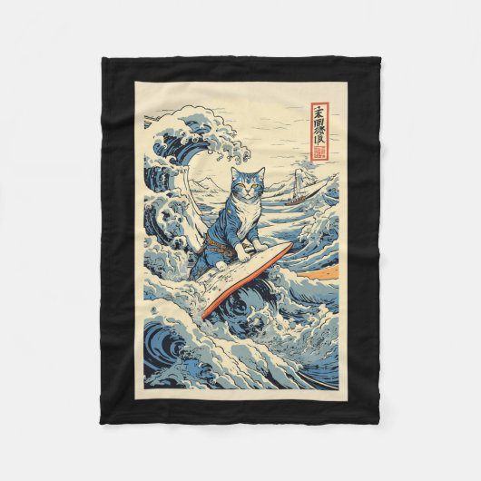 Surfkat Hokusai Great Wave bij Kanagawa Japan Fleece Deken (Voorkant)