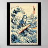 Surfkat Hokusai Great Wave bij Kanagawa Japan Poster (Voorkant)