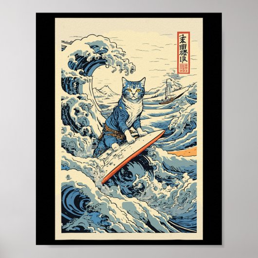 Surfkat Hokusai Great Wave bij Kanagawa Japan Poster (Voorkant)