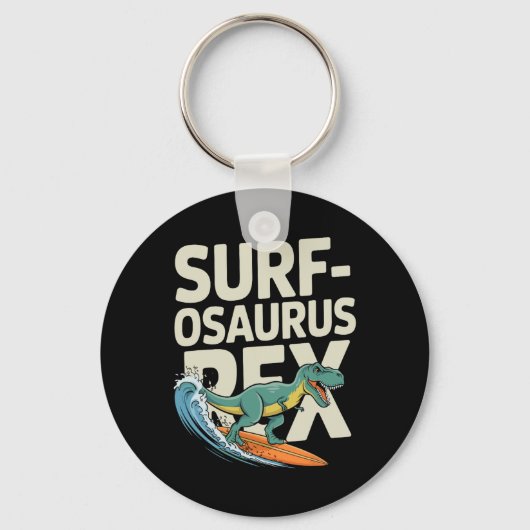 Surfosaurus Rex Grappige Surfende Dinosaurus Sleutelhanger (Voorkant)
