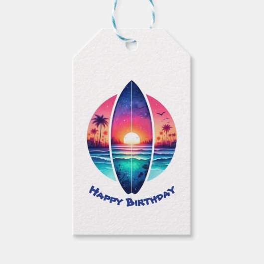 Surfplank in de zonsondergang cadeaulabel (Voorkant)