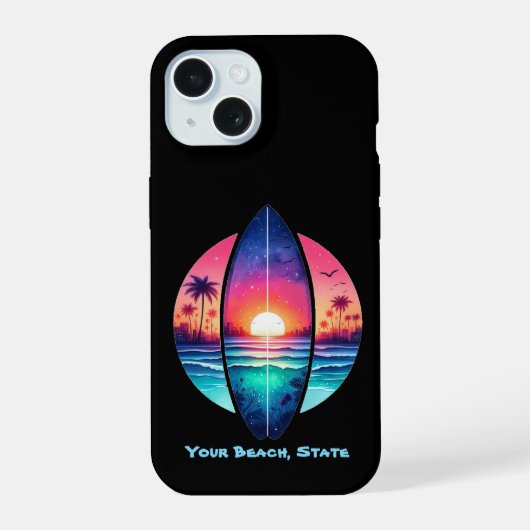 Surfplank in de zonsondergang iPhone 15 case (Achterkant)