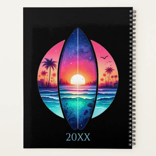 Surfplank in de zonsondergang planner (Achterkant)