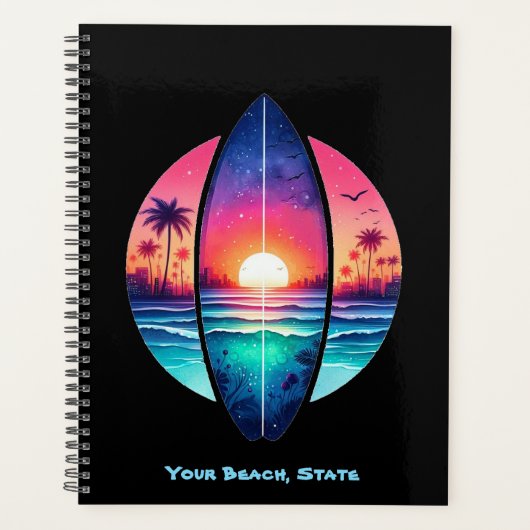 Surfplank in de zonsondergang planner (Voorkant)