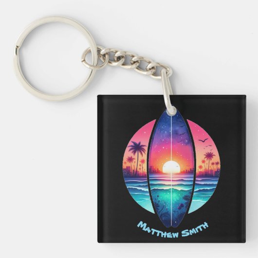 Surfplank in de zonsondergang sleutelhanger (Voorkant)