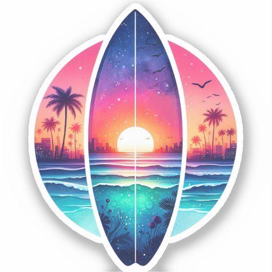 Surfplank in de zonsondergang sticker (Voorkant)