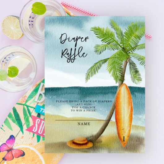 Surfplank op het strand - luierloterij informatiekaartje