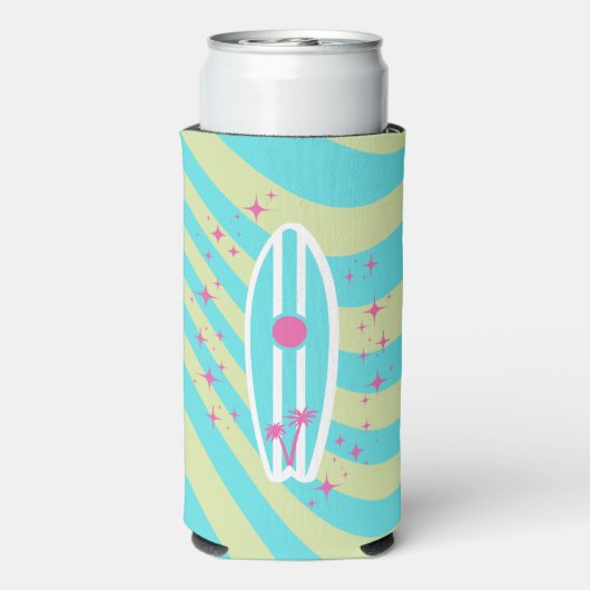 surfplank, strandkunst, tropische vibes, kleurrijk seltzer blikjeskoeler (Seltzer Achterkant)