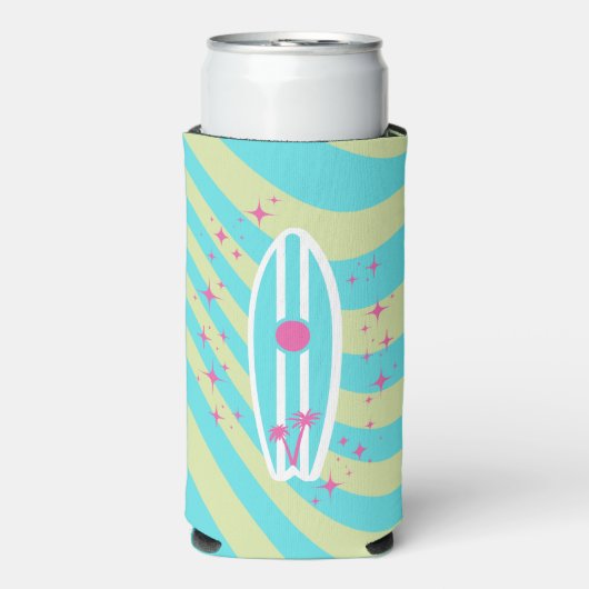 surfplank, strandkunst, tropische vibes, kleurrijk seltzer blikjeskoeler (Seltzer Voorkant)