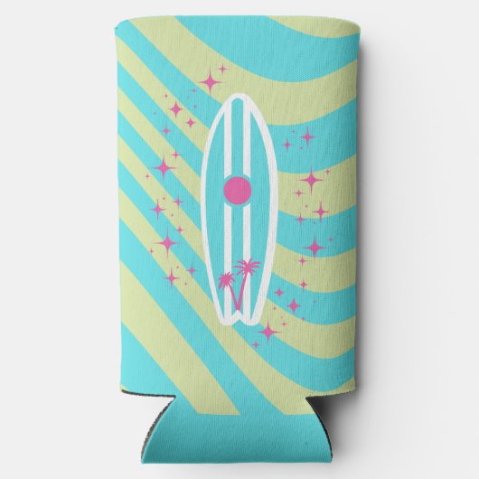 surfplank, strandkunst, tropische vibes, kleurrijk seltzer blikjeskoeler (Achterkant)