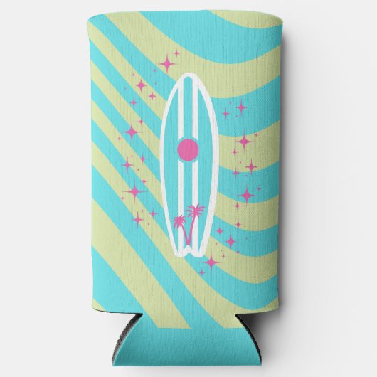surfplank, strandkunst, tropische vibes, kleurrijk seltzer blikjeskoeler (Voorkant)