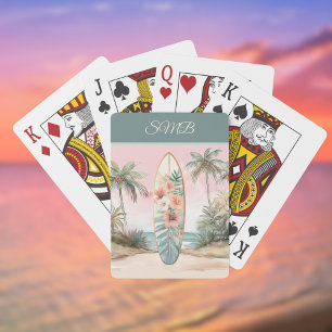 Surfplank Tropisch Eiland Bloem Palmboom met naam Pokerkaarten