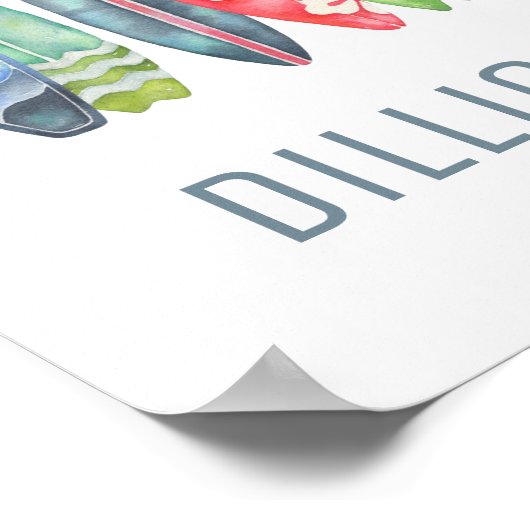 Surfplank Watercolor Aangepaste Naam Print (Hoek)