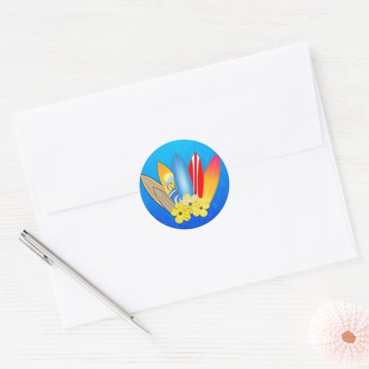 Surfplanken en Hibiscus Ronde Sticker (Envelop)